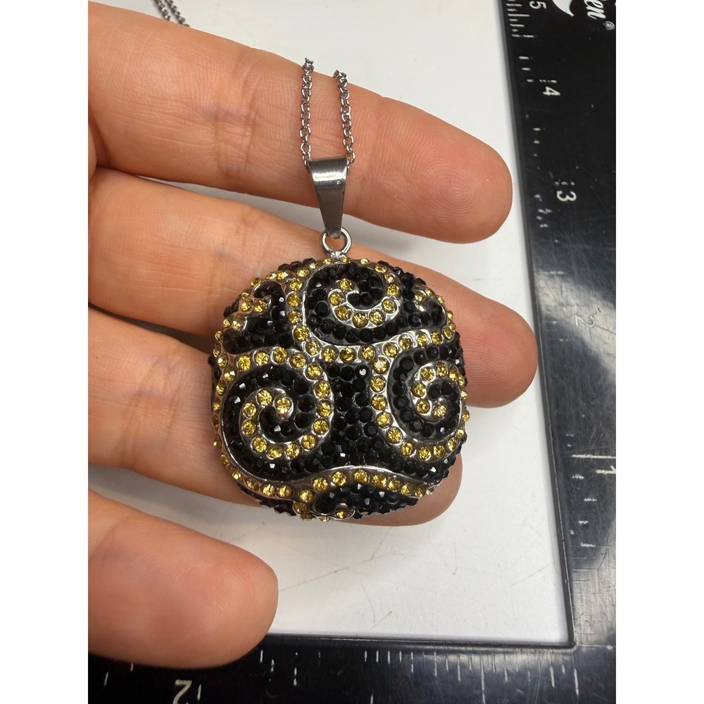 316L Stainless Steel Black Yellow Crystal Swirl Pave Pendant Necklace 18in